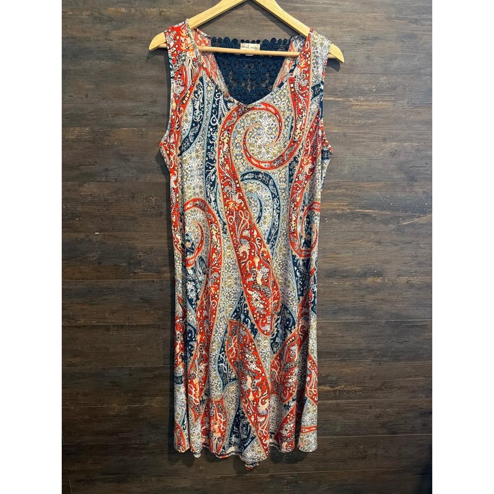 World Unity Womens‎ Paisley Sleeveless Shift Dress XL Red Blue Crochet Lace Back